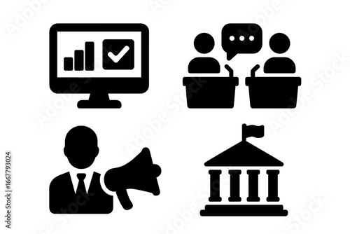 Political icon set for media and government. Includes election results, online voting, political debate, campaign announcement, and courthouse or capitol building symbols.