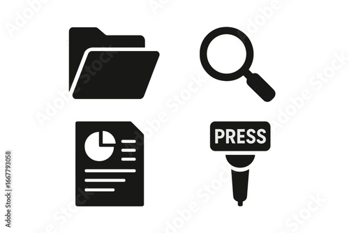 Political transparency vector icon set. Open government, freedom of information, and press accountability concept. Icons for investigation, data report, public records, media.
