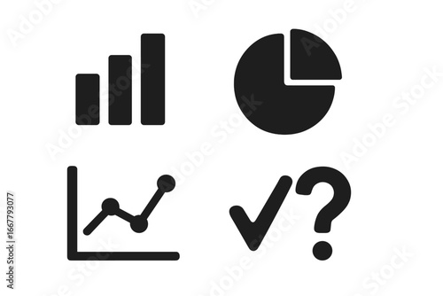 Poll and quiz insights icon set. Solid vector glyphs for data analytics. Bar chart, pie chart, line graph, checkmark, question mark for survey, ui, web and infographics.