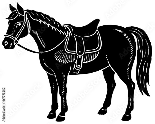 Saddled Horse Silhouette Linocut | Rustic Cowboy Ranch SVG | Western Equine Vector