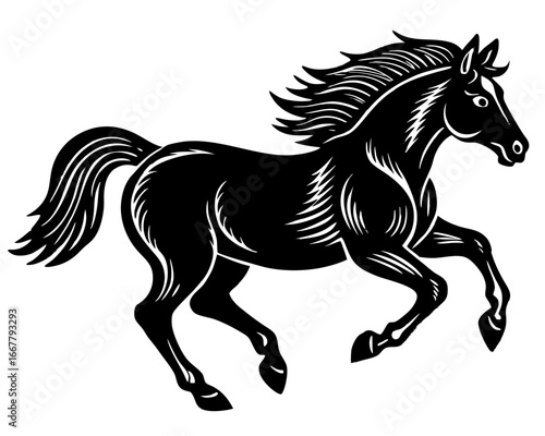 Mustang Running Horse Silhouette Linocut | Wild Stallion SVG | Rustic Vector Art