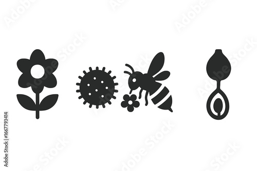 Pollination process icon set. Vector glyphs of plant reproduction, fertilization, and biology. Includes flower, pollen grain, bee, and seed formation diagram. Nature concept.