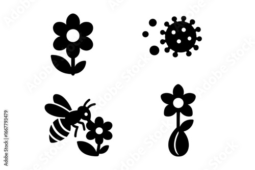 Pollination process vector icon set. Solid glyph icons of flower, pollen grain, bee collecting nectar, and seed formation. Biology, ecology, and nature concept.