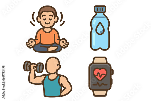 Healthy lifestyle vector icon set. Man meditating, water bottle for hydration, dumbbell workout for fitness, and a smartwatch for health tracking. Wellness and sport concepts.