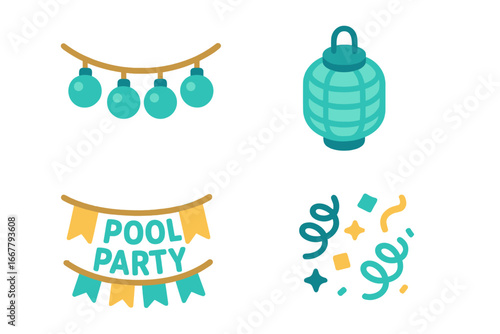 Pool party icon set. Summer celebration vector graphic. Festive decoration elements like string lights, paper lantern, banner flag & confetti. Flat illustration for event design.