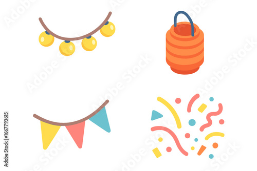 Isometric party decoration icon set. Flat vector illustrations of string lights, paper lantern, banner flags, confetti. For birthday celebration, summer festival, pool party.