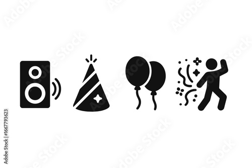 Party icon set solid glyph style. Vector celebration essentials collection with music speaker, birthday hat, balloons, confetti and dancing person silhouette for web and print.