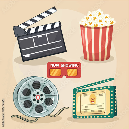 Movie and Cinema Icons – Clapperboard, Popcorn, 3D Glasses, Film Reel, and Ticket