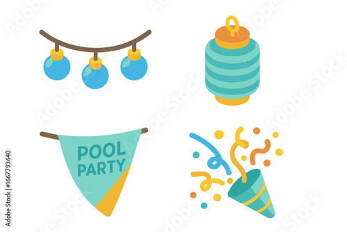 Pool party icon set with celebration elements. Isometric vector graphics of string lights, paper lantern, party banner, and confetti popper for summer events and holidays.