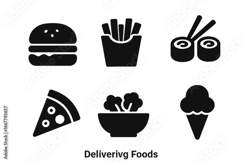 Food delivery icon set. Fast food glyph symbols for restaurant menu and app. Burger, pizza, sushi, salad, fries, ice cream. Takeaway meal silhouette vector collection.