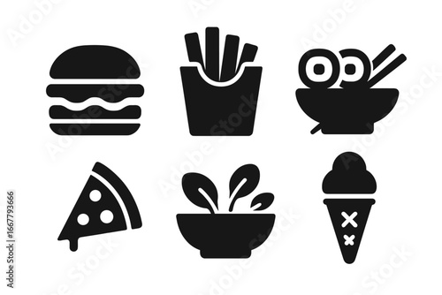 Fast food delivery vector icon set. Popular takeaway meal symbols: burger, pizza, fries, sushi, salad, ice cream. Simple black glyph pictogram for menu, app, web design.