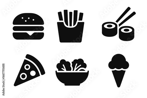Fast food delivery icons set. Solid glyph symbols of burger, pizza, sushi, fries, salad, and ice cream. Vector graphic for takeaway menu, restaurant, or mobile app design.