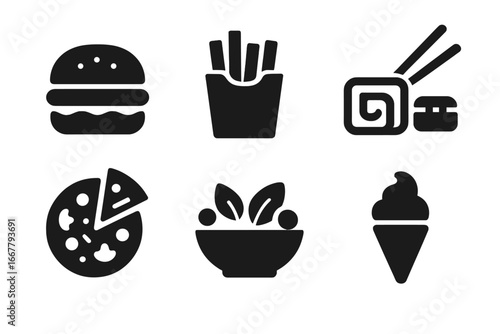 Fast food delivery icons set. Vector glyph symbols for takeout menu, app, and web. Burger, fries, sushi, pizza, salad, and ice cream silhouettes for graphic design.