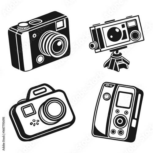 Vintage cameras and modern devices digital camera action camera