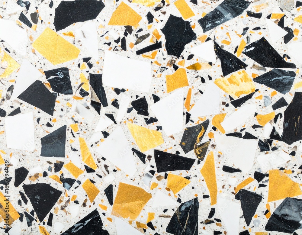 Fototapeta premium Overhead terrazzo stone surface with larger bold chips in contrasting black, white and soft gold, clean background