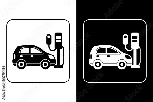 Electric Vehicle Icons – Charging Station, EV Car, Plug in Black and White.
