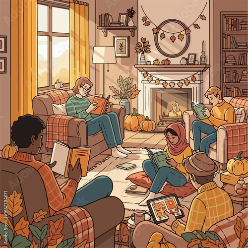 Cozy autumn gathering of friends reading books by the fireplace at home