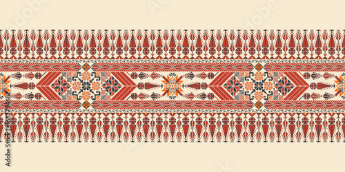Traditional Tatreez embroidery horizontal seamless pattern, Palestinian border. Scalable vector design for print, background, template