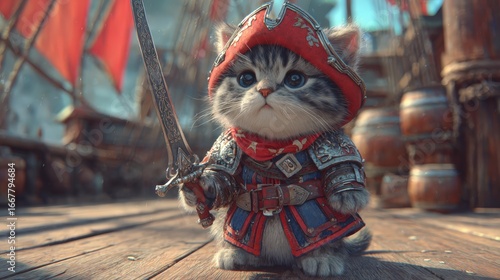 Adorable kitten dressed as a brave pirate holding a sword on a ship deck with colorful sails and wooden planks