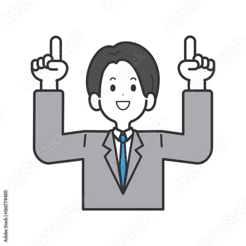両手で上を指差す笑顔のスーツ男性のベクターイラスト