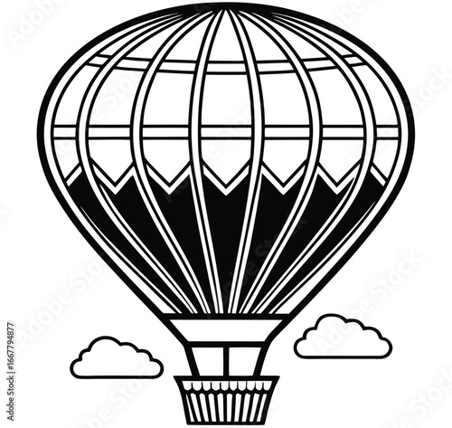 Hot air balloon flying in the sky vector illustration with basket and clouds