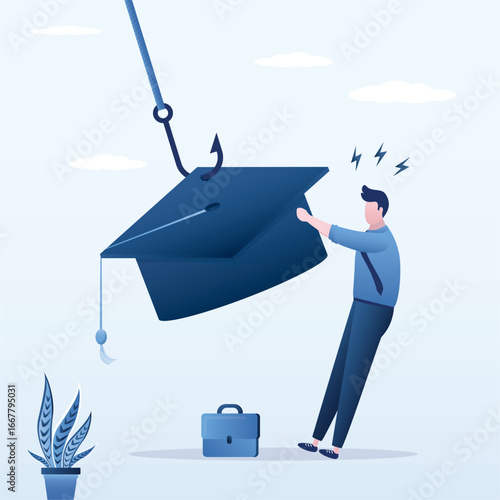 Graduate hat on fishing hook, student pull giant cap. Bait, students as victims bad education, expensive cost of student loan. Marketing, strategies for educational deception