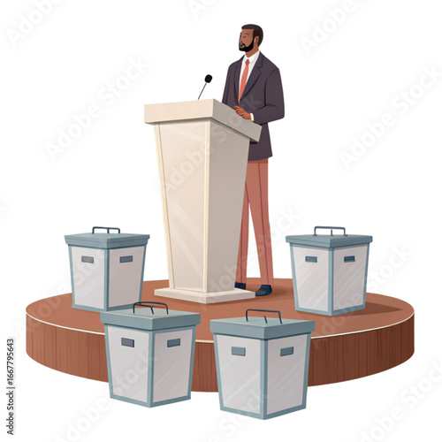 Confident speaker addressing audience from podium with voting boxes, delivering impactful speech for elections