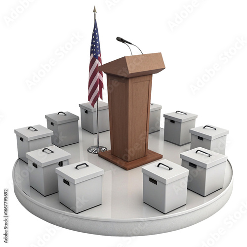 Wooden podium with US flag, surrounded by boxes, perfect for political speeches and important announcements.