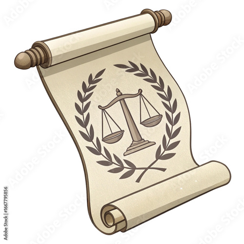 Elegant scroll with scales of justice, symbol of law, ideal for legal, business, and judicial concepts