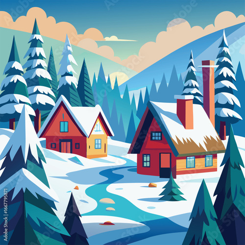 village cottages in snowy forest clearing