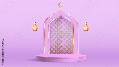 Ramadan podium with Islamic arch, golden crescent moon and hanging lanterns on violet background. Cylindrical platform showcase with geometric pattern for festive product display during celebration.