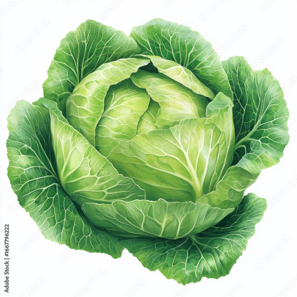 Fototapeta premium A fresh head of green cabbage with tightly packed leaves, isolated on white background color, photorealistic accuracy, good composition, high resolution