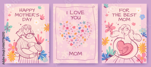 Mom day floral greeting cards with pink backgrounds, mother and child illustrations, colorful flowers for celebration. Heart shaped bouquet, loving messages and pastel blooms for maternal appreciation