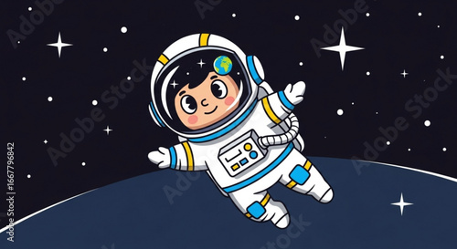 Cartoon astronaut in space with earth helmet and stars background vector illustration design 100 char