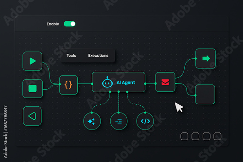 AI agent workflow automation shown on a visual node-based editor. Concept of no-code/low-code development platforms, process management, and artificial intelligence solutions.