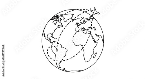 World travel destinations and airplane route vector illustration for global tourism and adventure design