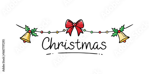 Christmas garland with bells and bow festive border