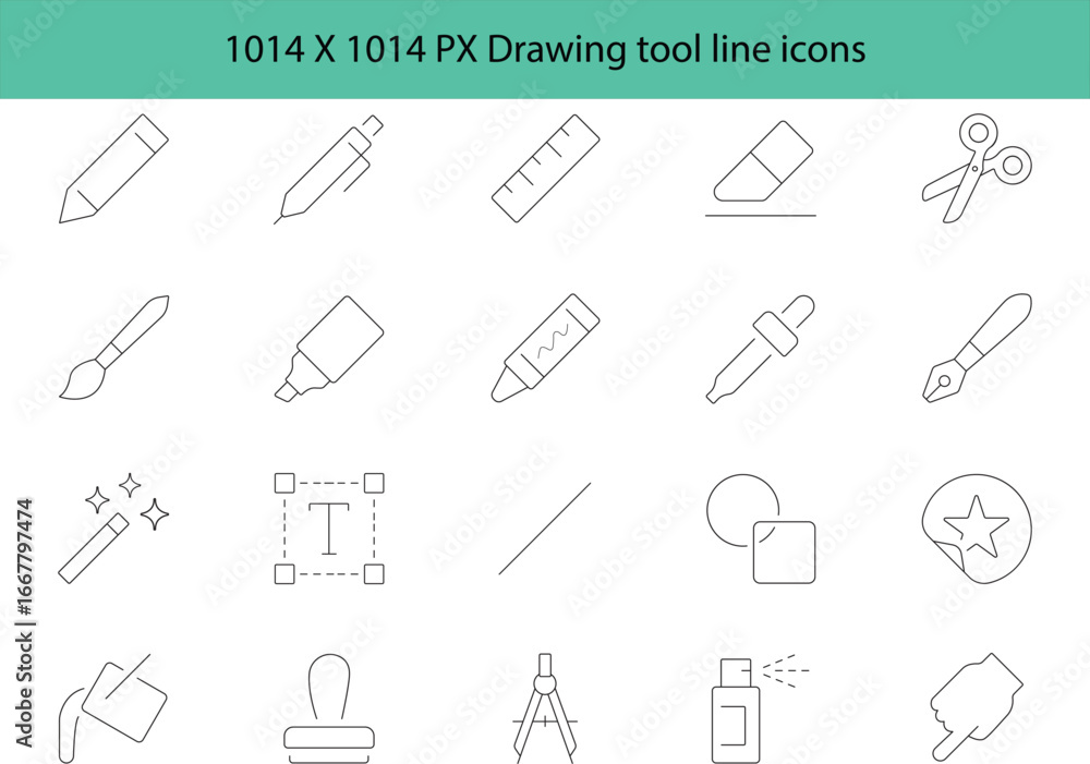 Collection of drawing and writing tools in simple outline style icons Collection of drawing and writing tools in simple outline style icons
