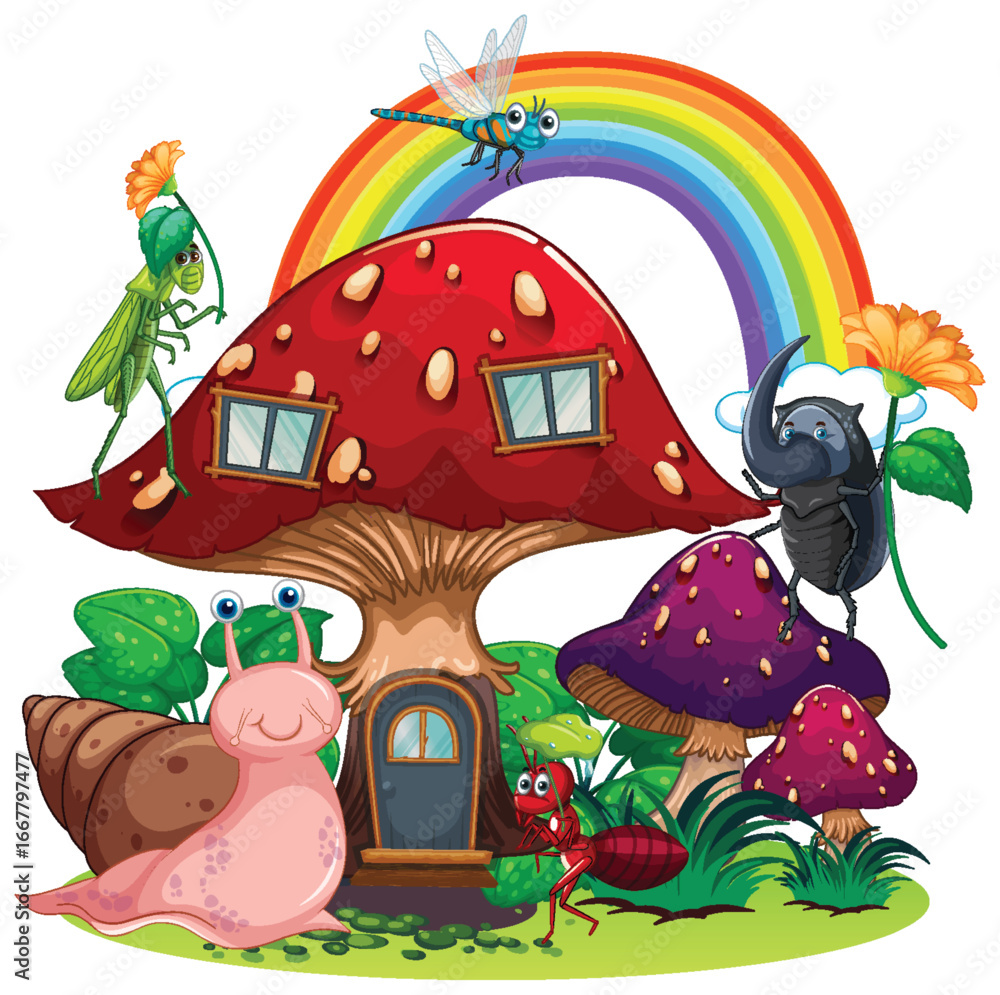 Fototapeta premium Whimsical Insect Gathering at Mushroom House