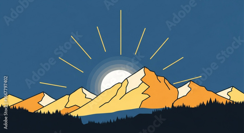 Mountain landscape vector illustration with sun rays peak trees and sky nature scenic view background art 100