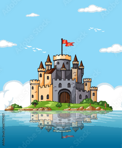 Medieval Castle on Island with Water Reflection