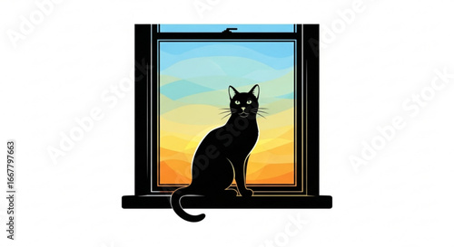 Black cat silhouette sitting on window sill looking out at sunset vector illustration design element