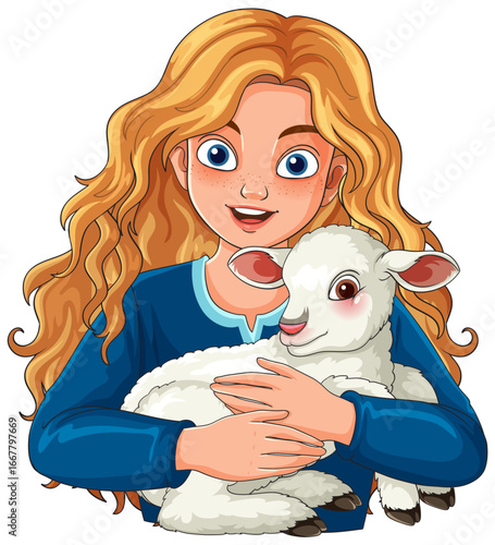 Smiling Girl With Curly Hair Holding White Lamb