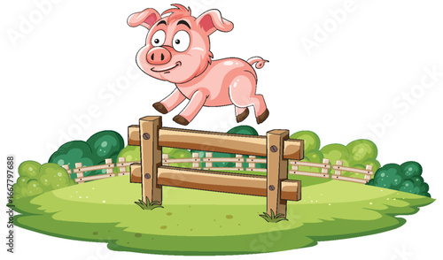 Cartoon Pig Jumping Over Wooden Fence in Farmyard