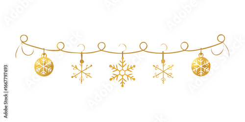 Golden ornament garland with baubles and snowflakes
