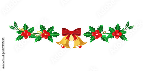 Christmas garland with red bow and golden bells