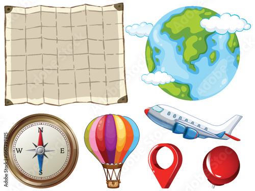 Travel and Navigation Icons with Map and Globe