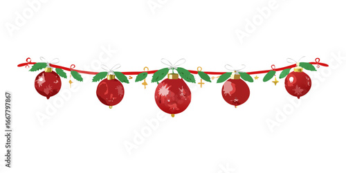 Christmas garland with red baubles and green holly decoration