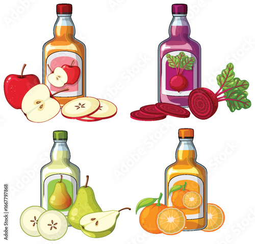 Bottles of Fruit and Vegetable Juice with Fresh Produce