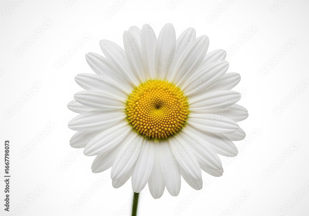 Naklejka premium Elegant white daisy bloom with vibrant yellow center on a pristine white background, showcasing natural simplicity and floral beauty